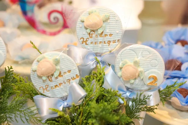 Pirulitos de chocolate personalizados com tartaruguinha e o nome do aniversariante