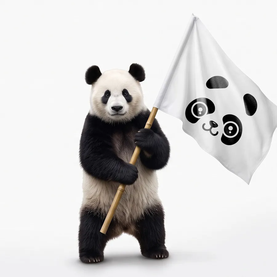 Mascote panda segurando a bandeira do Espaço Panda