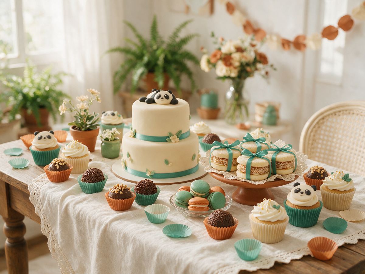 Mesa de doces finos e bolo de aniversário